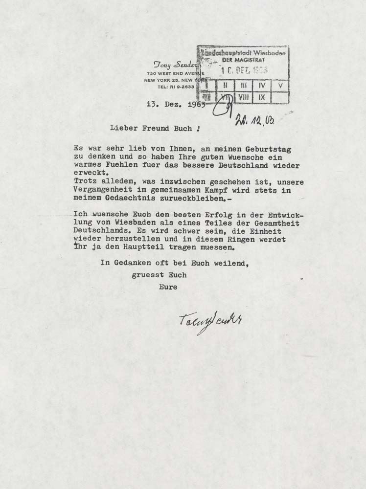 Dankschreiben an Oberbürgermeister Georg Buch anlässlich seiner Gratulation zu ihrem 75. Geburtstag